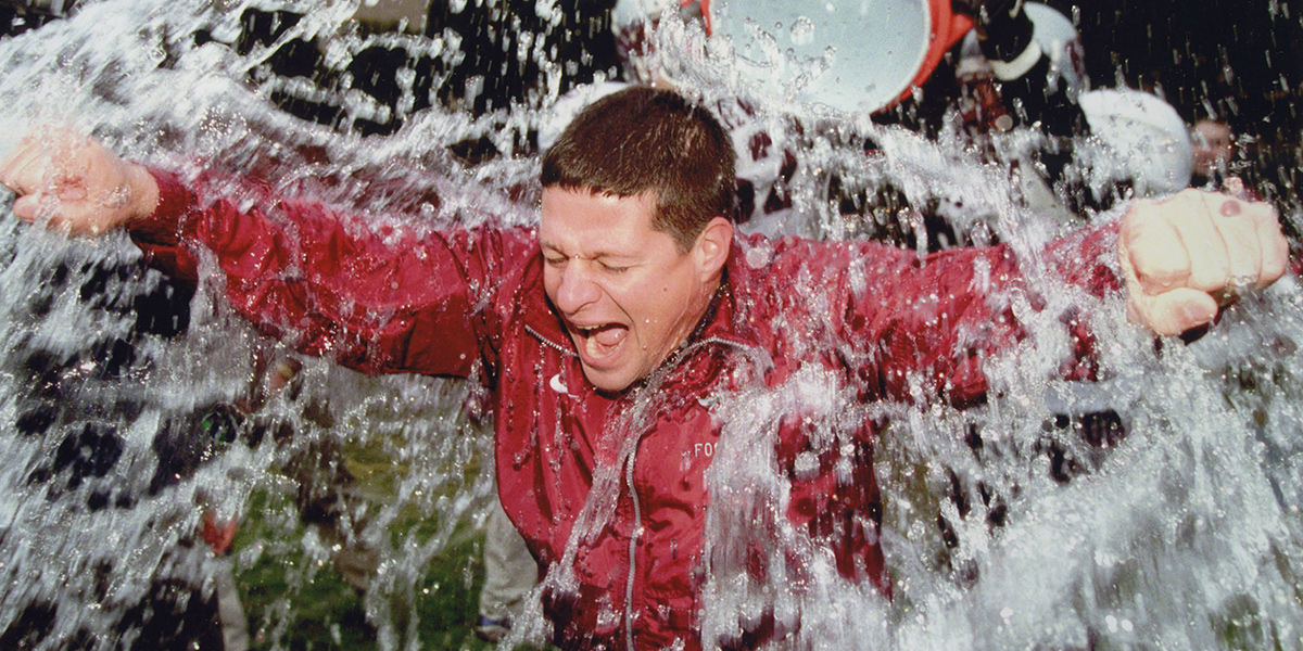 Water is poured on Marcel Bellefeuille from a Gatorade jug.