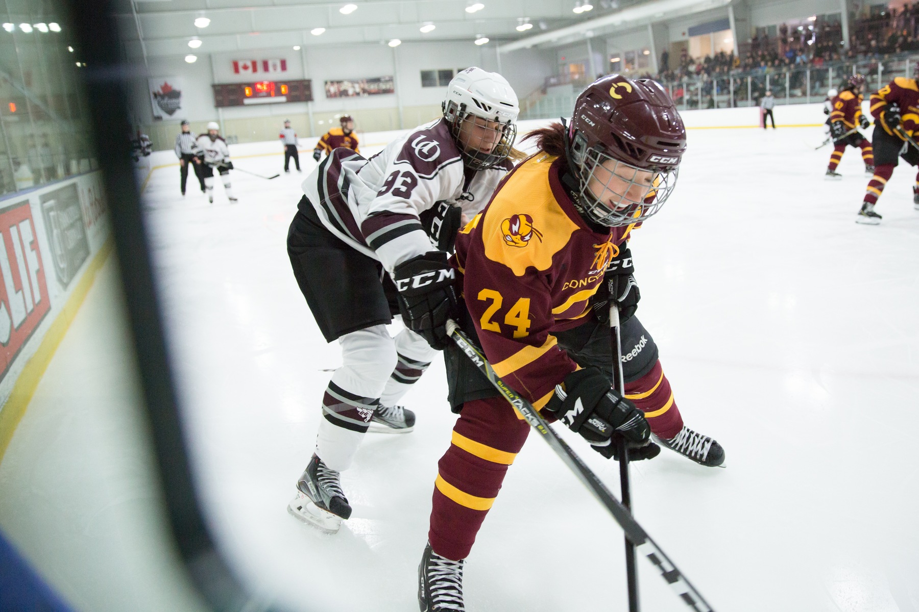Hockey players close to the boards.