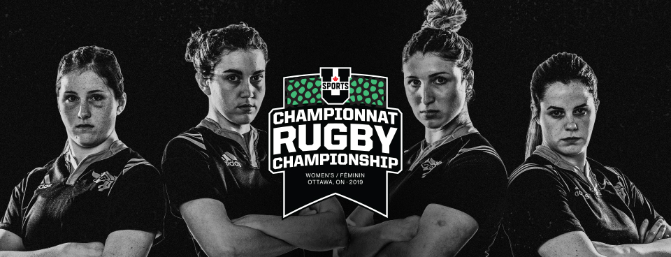 4 Gee-Gees players with Championship logo.