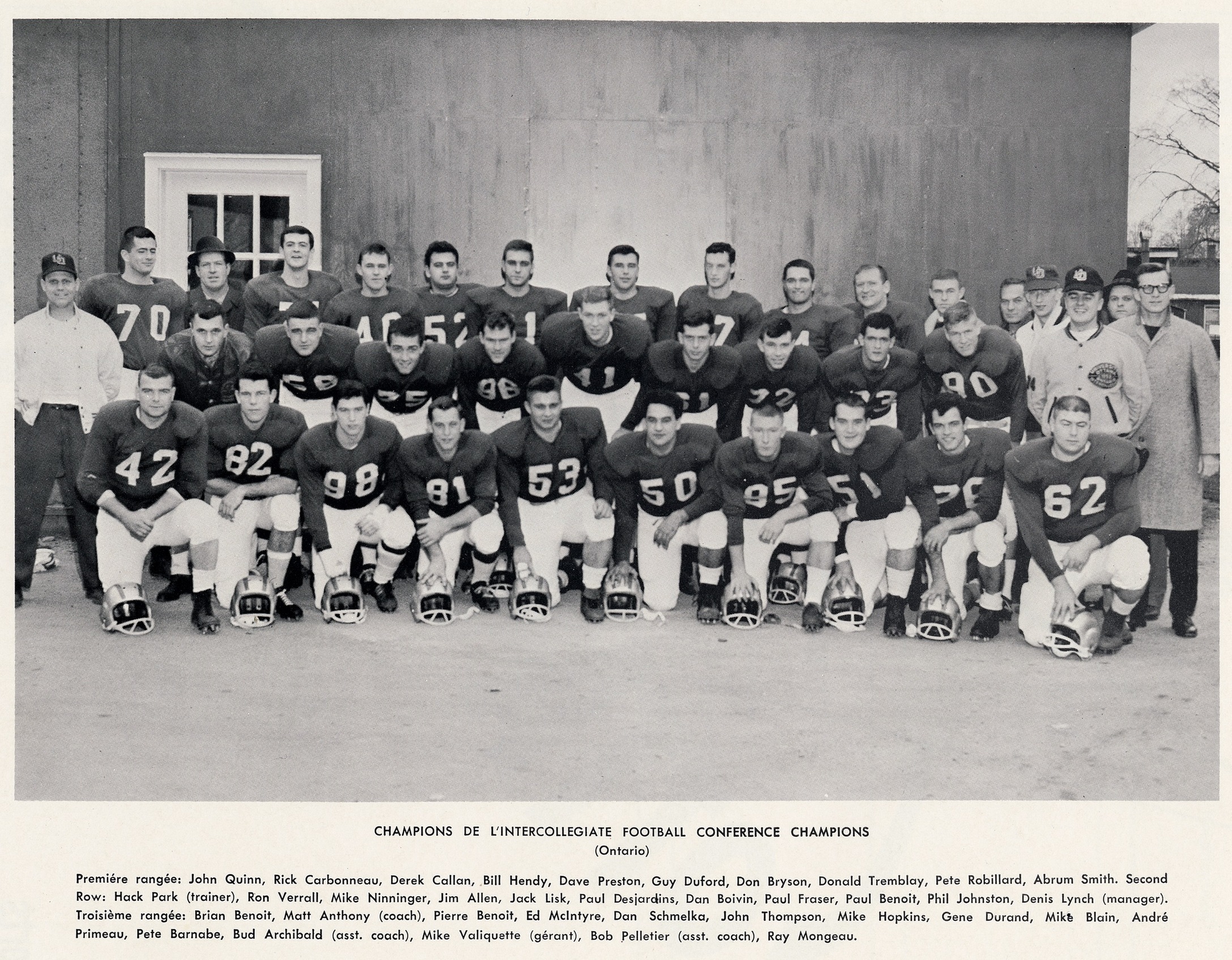Black and white team photo of the Gee-Gees football team in 1961. Names are written below on the photo, which have been copied onto the web page in text as well.