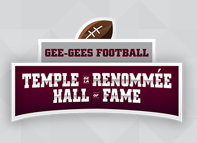 Illustration of half a football above the words Gee-Gees Football Temple de la Renomm&eacute;e Hall of Fame